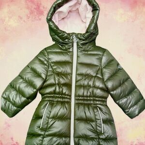 NWT Michael Kors Child’s Hooded Puffer Coat Jacket Dark Olive Green & Pink 2T